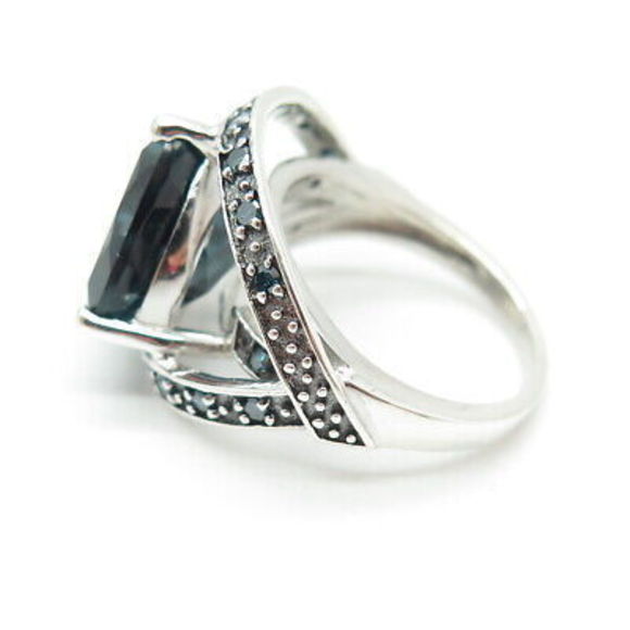 925 Sterling Silver Real Round-Cut Blue Diamond & London Blue Topaz Ring Size 6 - Picture 4 of 8